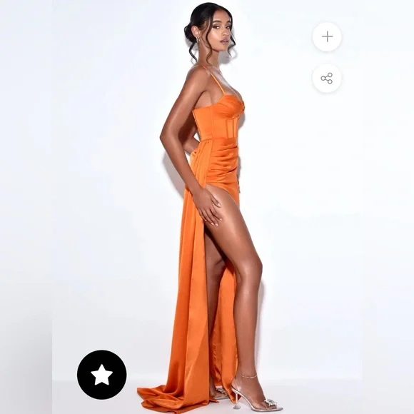 Elayna Orange Strappy Satin Corset High Slit Gown - Picture 2 of 10